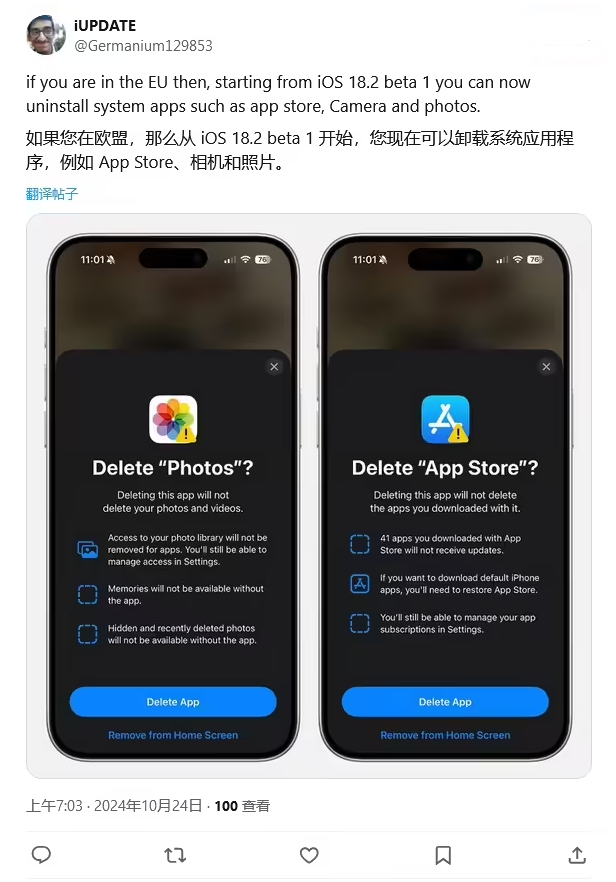 北关苹果手机维修分享iOS 18.2 支持删除 App Store 应用商店 