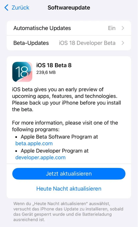 北关苹果手机维修分享苹果 iOS / iPadOS 18 开发者预览版 Beta 8 发布 